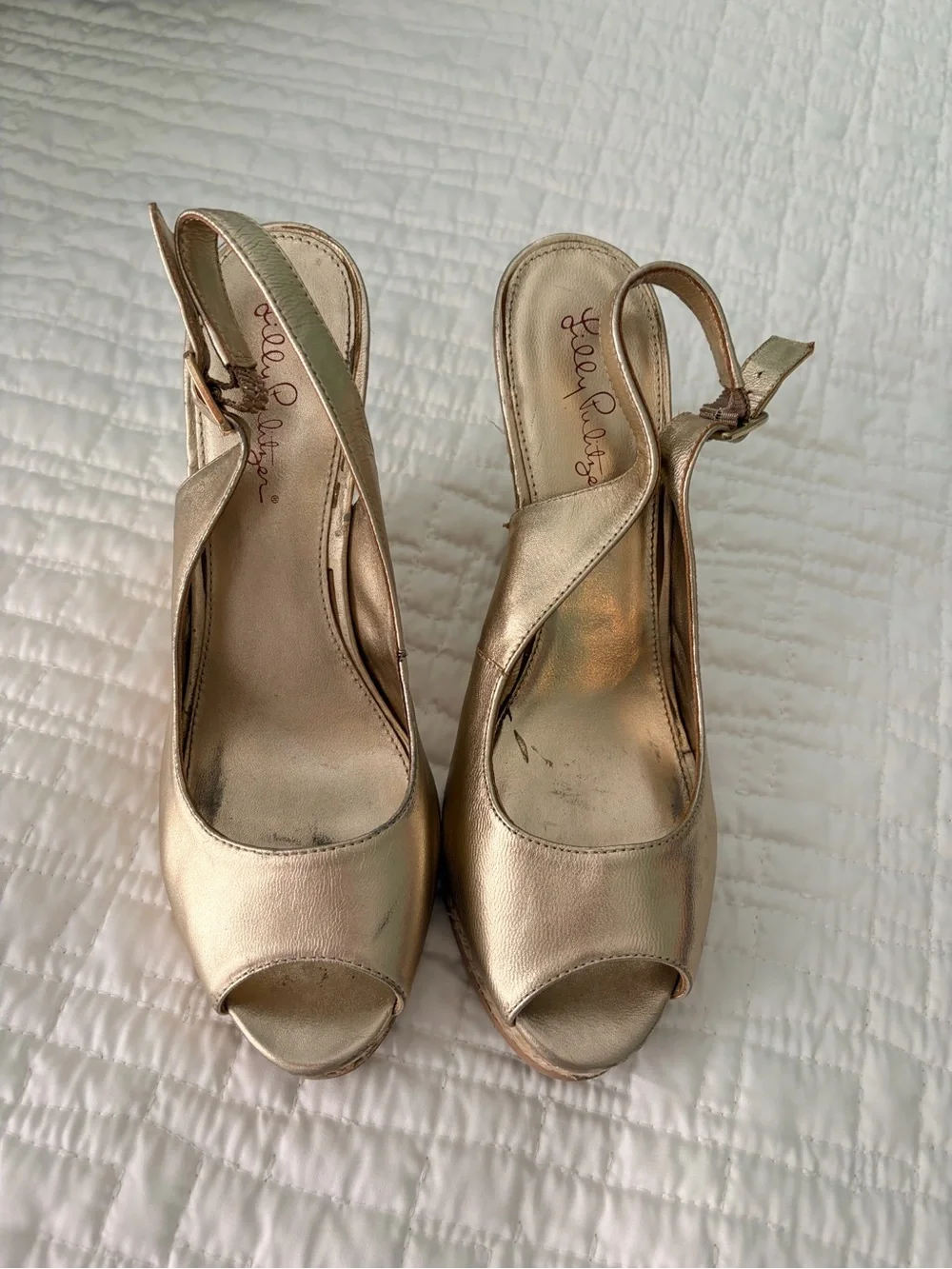 Lilly Pulitzer Metallic Gold Peep-Toe Slingback Heels